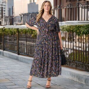Jessica Simpson Phoebe Floral Maxi Dress A-Line Short Sleeve V-Neckline Plus 3X